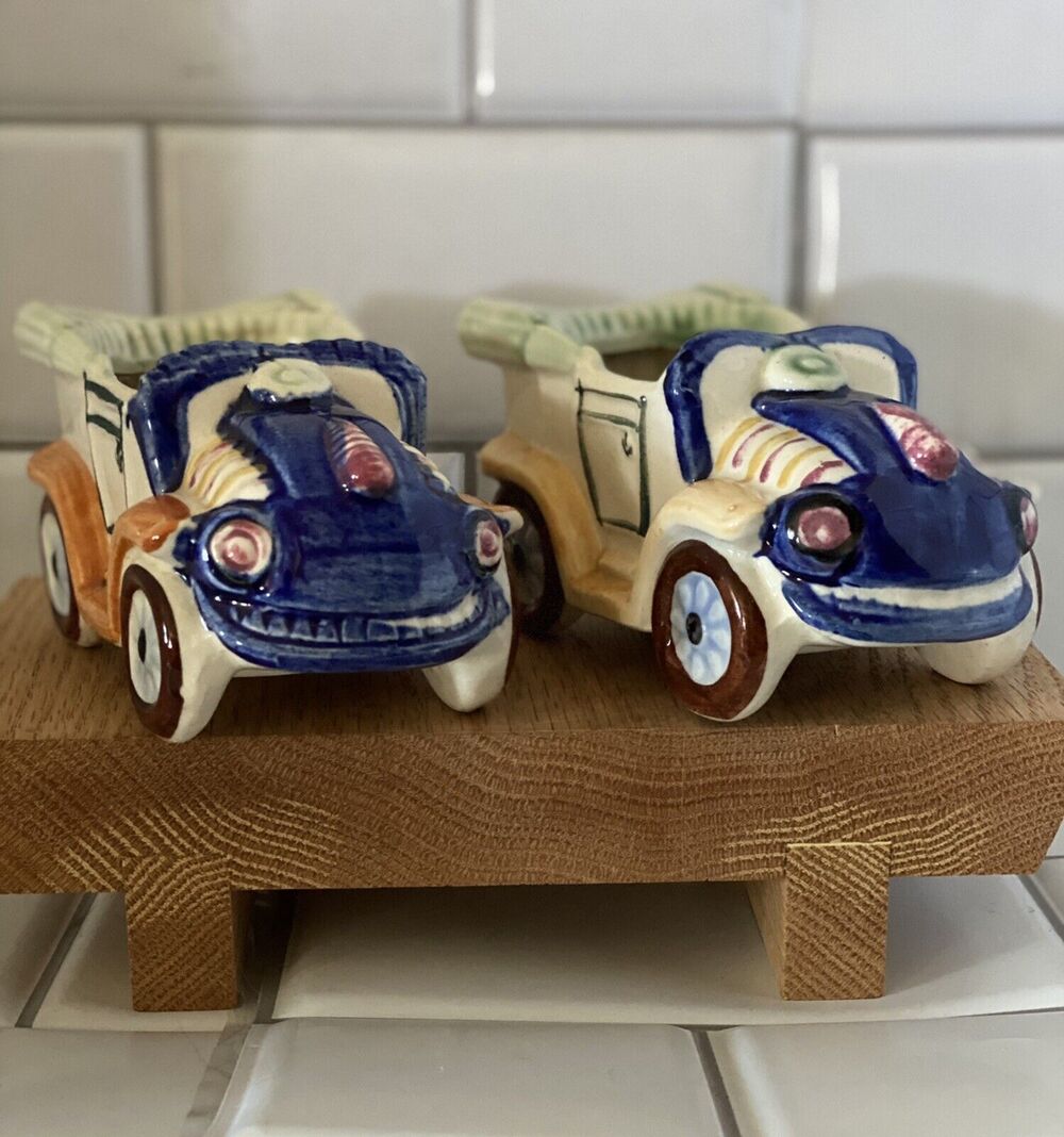 Vintage Ceramic Car Planters 5 x 3 x 3, Trinket Holders Decor Blue Yellow White